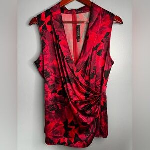 St. John Silk Floral Draped Top in Red and Black | Size Medium